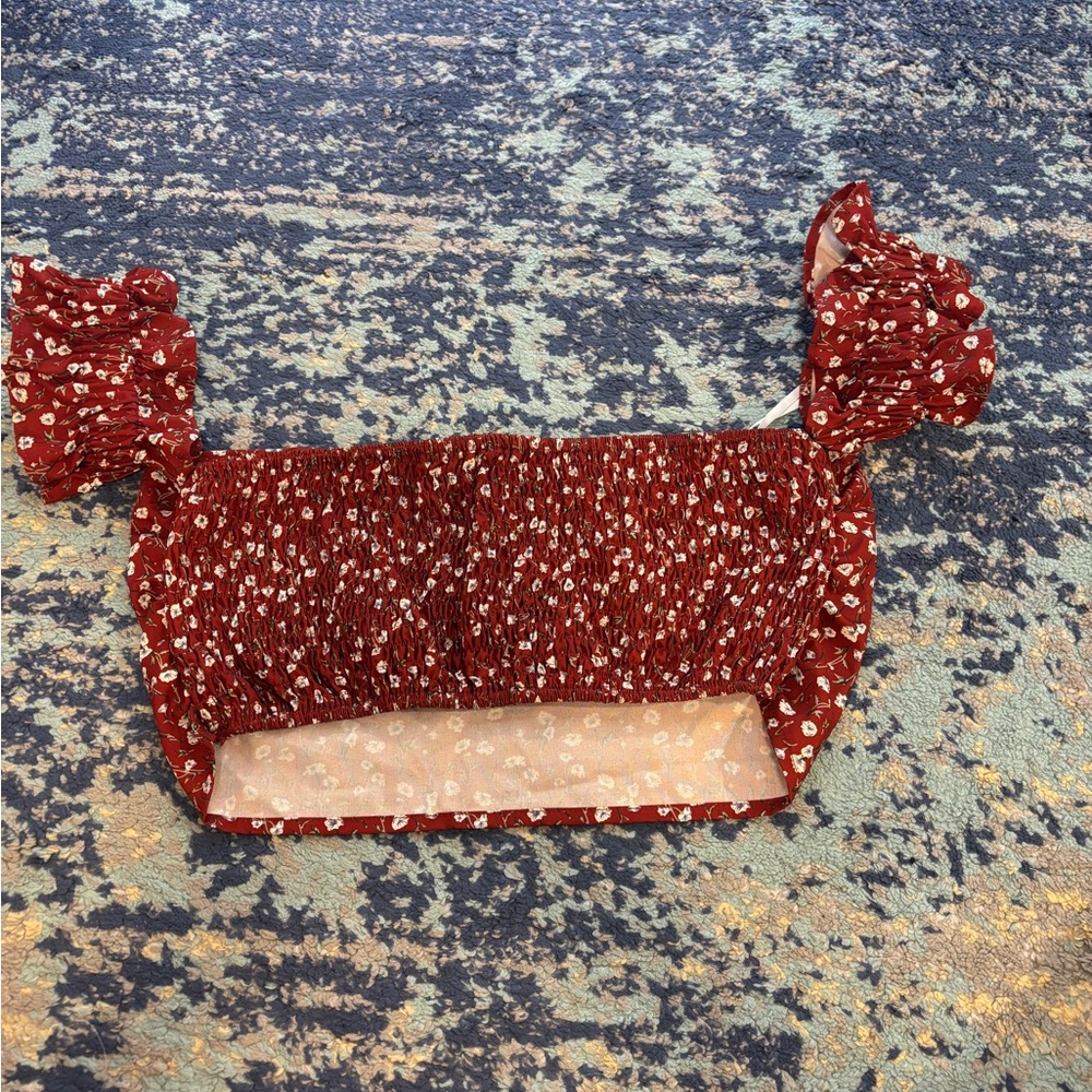 Red Floral Smocked Crop Top